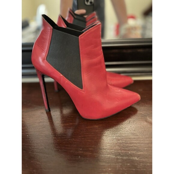 Saint Laurent Zoe Smooth Red Leather Pull On Stiletto Boot Size 34 1/2 - Picture 2 of 10